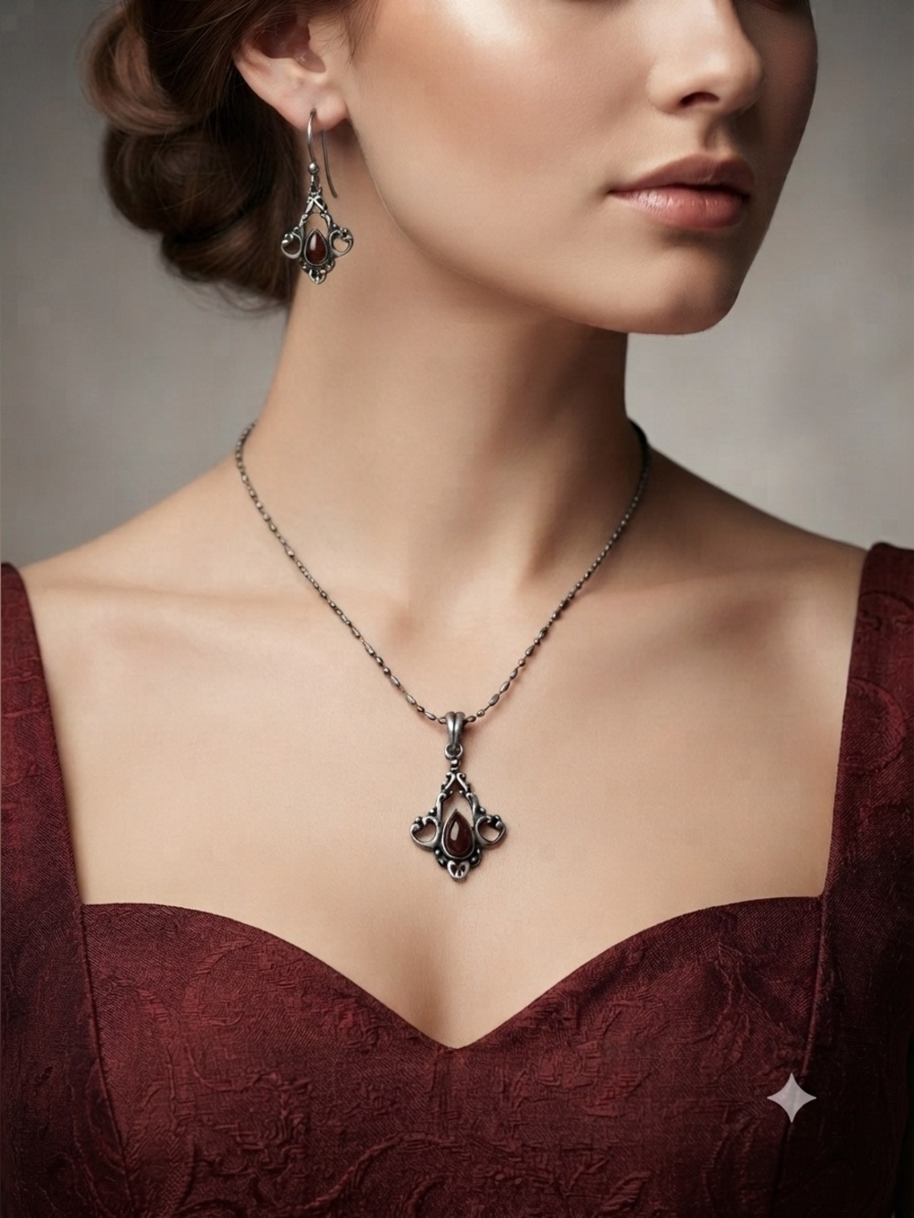 Vintage Oxidized Silver Necklace Set | Art Nouveau Floral Red Stone